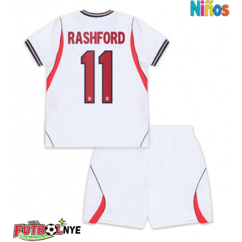 Camiseta Inglaterra Marcus Rashford #11 Primera Equipación para niños Mundial 2026 manga corta (+ pantalones cortos)